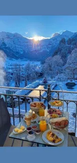 Winter breakfast with mountain view and snowy landscape.