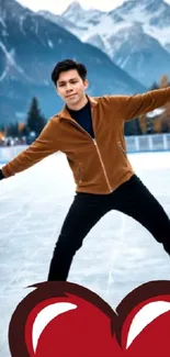 Person ice skating with mountains.