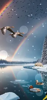 Winter lake with wildlife and rainbow in serene landscape.