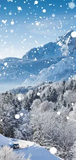 Winter landscape with a church and snow-capped mountains.