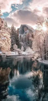 Snowy mountain landscape with sunrise reflecting on icy river.