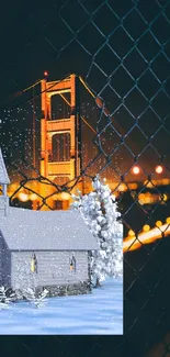 Winter night wallpaper with bridge and snowy church scene.