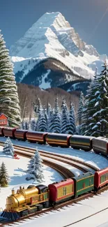 Toy train on snowy tracks with mountain.