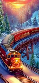 Train through snowy mountains at sunset.