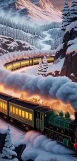 Steam train traveling through snowy mountains in winter landscape.