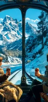 Train passengers enjoy winter mountain view through large window.
