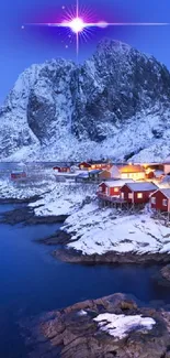 Idyllic winter village with snowy mountains and ocean.