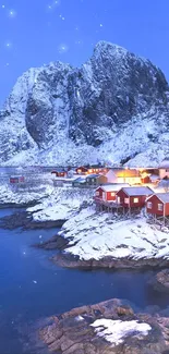 Snowy village with red cabins and mountain under night sky.