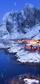 Snowy Scandinavian village with blue mountains and rustic cabins.