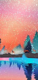 Colorful winter forest with snow and deer under a vibrant sky.