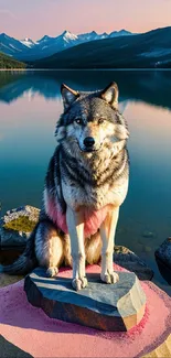 Wolf on colorful rocks near serene mountain lake.