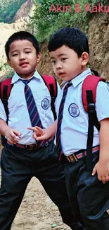 Two schoolboys on a nature trek, smiling and adventurous.