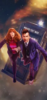 Sci-fi adventure with dynamic duo and police box in cosmic setting.