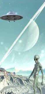 Alien on rocky planet with UFO and Saturn in the sky.