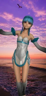 Futuristic anime girl on a beach at sunset with a vibrant purple sky.