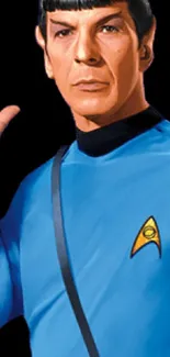 Sci-fi character in blue uniform with iconic gesture.