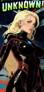 Futuristic comic character with blonde hair and black suit