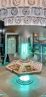 Futuristic sci-fi control room with glowing teal elements.