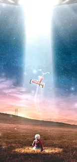 Sci-fi UFO scene with bicycle, night sky, and light beam.