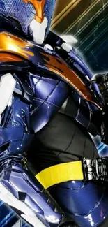 Futuristic sci-fi battle armor in blue and orange hues.