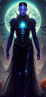 Sci-fi witch with glowing elements against a moonlit Halloween backdrop.