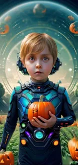 Child in a futuristic suit holding a pumpkin in a sci-fi landscape with pumpkins.