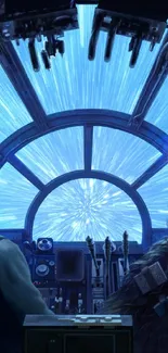 Inside view of sci-fi spaceship cockpit at light speed.