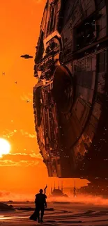 Huge spaceship against an orange sunset with tiny flying crafts and silhouettes.