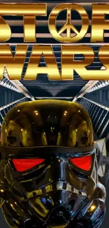 Sci-fi themed 'Stop Wars' wallpaper with bold gold lettering and dark helmet design.