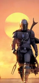 Sci-fi warrior in armor walking towards sunset, vivid orange sky.