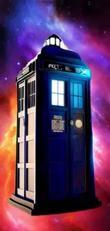 TARDIS against a vibrant galaxy backdrop, perfect for Doctor Who fans.