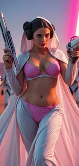 Sci-fi heroine in desert cosplay with vivid colors.