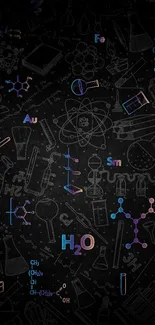 Dark science wallpaper with colorful elements and formulas.