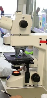 Female scientist observing samples through a microscope in a lab.