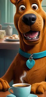 Cartoon Scooby-Doo enjoying morning coffee.