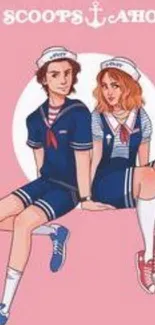 Cartoon duo in sailor outfits with pink background.