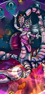 Fantasy Scorpio character with cosmic elements in vibrant colors.