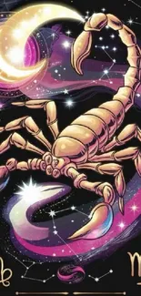 Colorful scorpio zodiac illustration on a starry background.