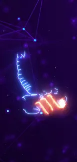 Neon Scorpio zodiac sign in cosmic purple background.