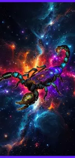 Neon scorpion in a colorful galactic background wallpaper.