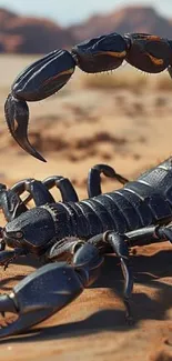 A detailed scorpion on a sunlit desert sandscape.