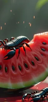 Scorpions crawling on a watermelon slice.