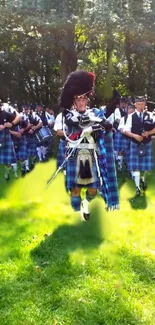 Scottish bagpipers in traditional kilts marching through a green landscape.