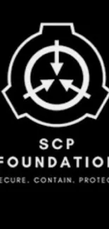 SCP Foundation logo on black background mobile wallpaper.