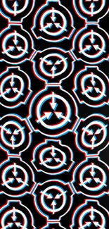 SCP logo pattern wallpaper in black, red, and blue hues.