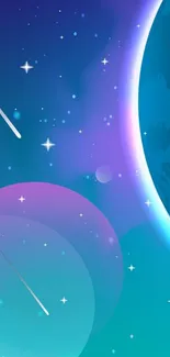 Cosmic blue wallpaper with planets and stars.