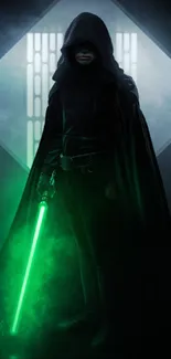 Dark warrior with green lightsaber in a futuristic corridor.