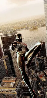 Superhero in black suit over city skyline wallpaper.