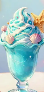 Sea-themed ice cream with starfish and seashells.