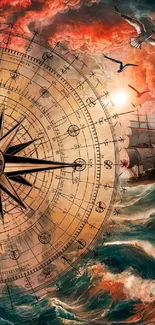 Vintage compass and ship against a stormy sea and fiery sky.